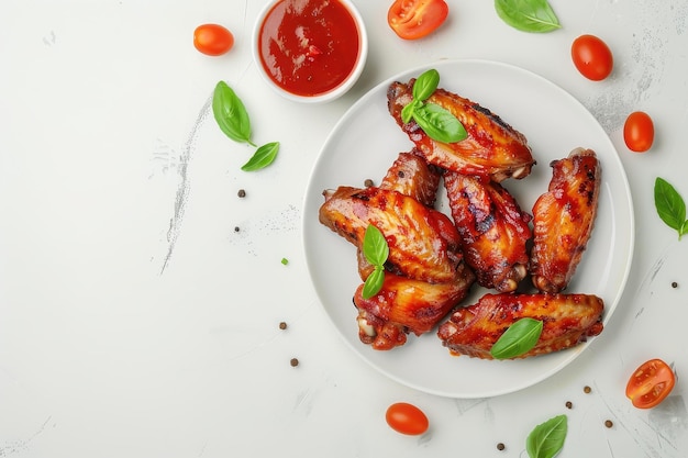 Photo top view of grilled chicken wings with tomato sauce on a white plate isolated on wooden background