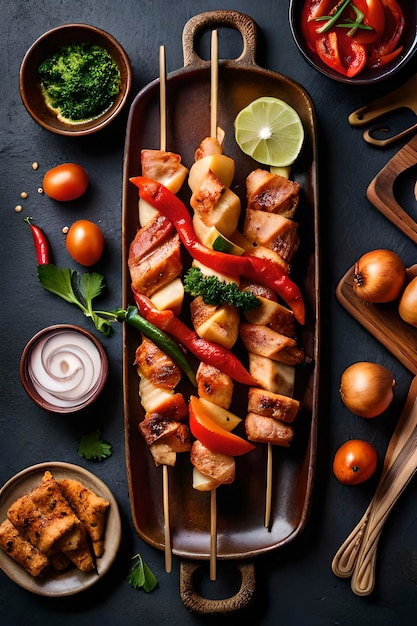 Top view of grilled chicken with salad and ketchup