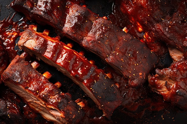 Top view of grilled ribs served with vegetables on a wooden board