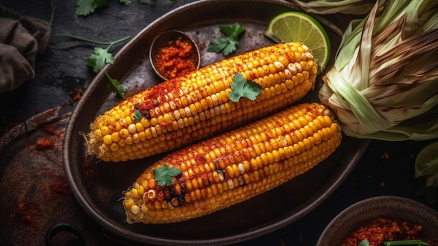 Top view of Grilled sweet corn with smoked paprikaSummer vegan dinner or snack Generative AI