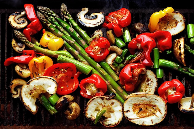 Top view of grilled vegetable on stainless steel grid