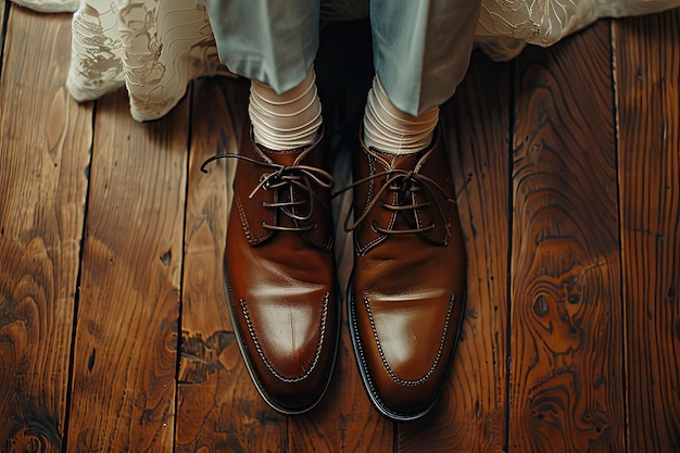 Photo top view groom and bride shoes