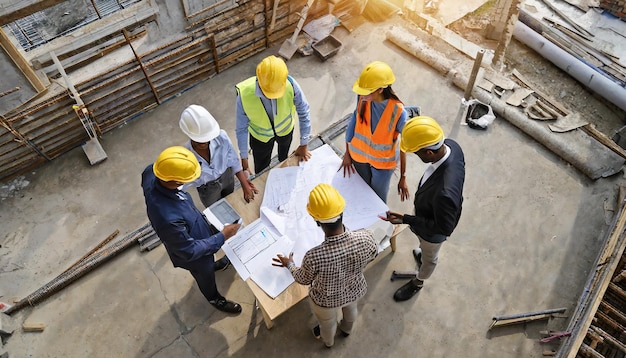 Photo top view of group of engineers architects and contractors standing and discussing in building constr