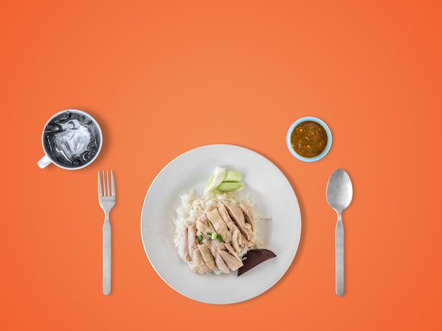 Top view of Hainanese Chicken rice or Khao Mun Kai. Thai tradition dish chinese food.