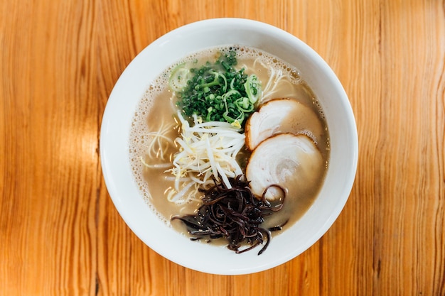 Top view of Hakata style Shio Chashumen (Salt soup).