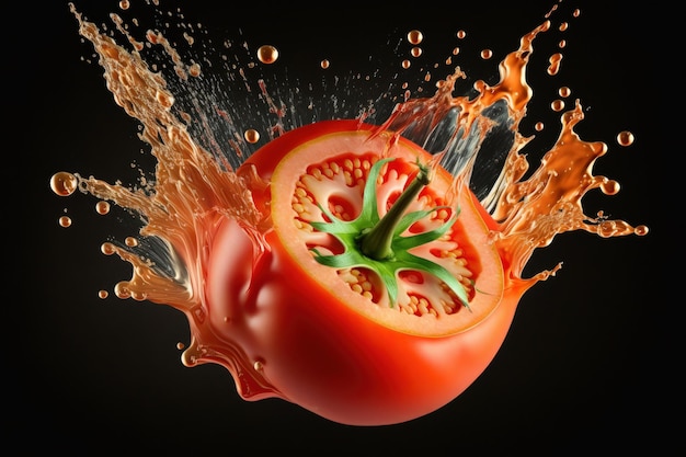 Top view of a half cut tomato splashing in tomato juice