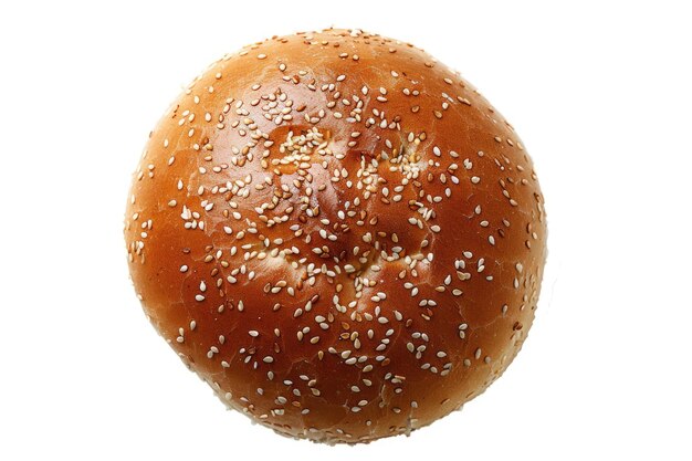 Top view of hamburger bun with sesame seeds on white background