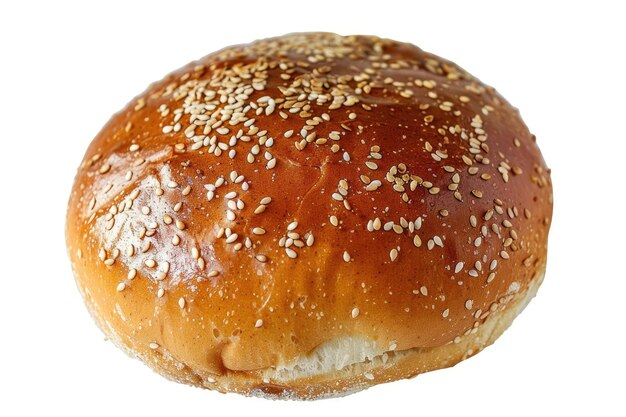 Top view of hamburger bun with sesame seeds on white background