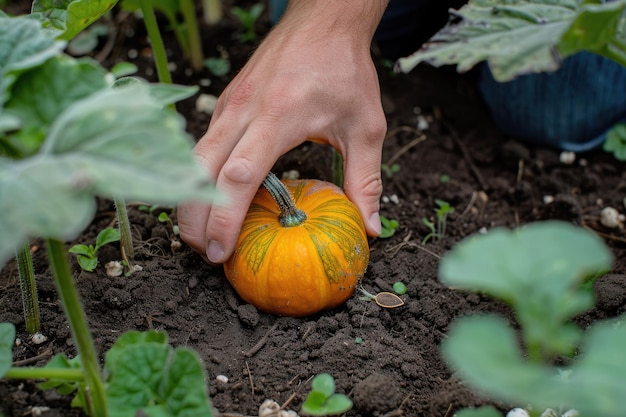 Photo top view hand planting pumpkin seed of marrow in the vegetable garden