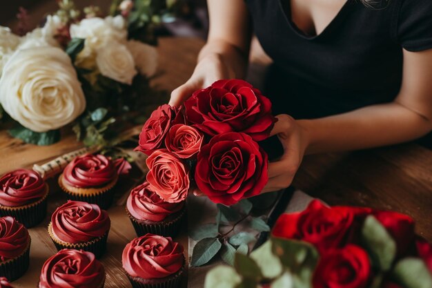 Top view hands decorating cupcake