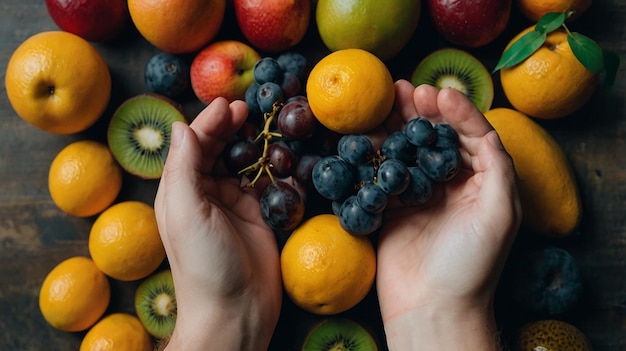 Photo top view hands holding fruits