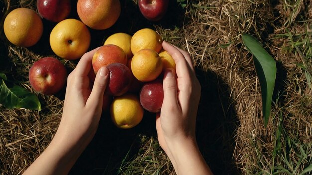 Photo top view hands holding fruits