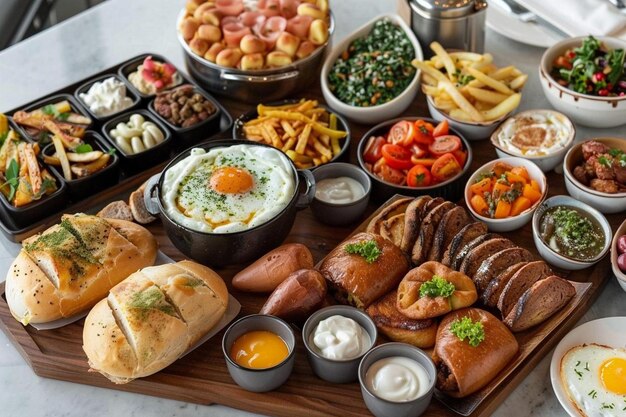 Top view of healthy delicious breakfast with bread eggs and nutritious salad on tablecloth