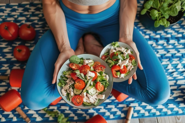 Top view healthy girl eating chicken salad Dumbbells and yoga mat on the floor