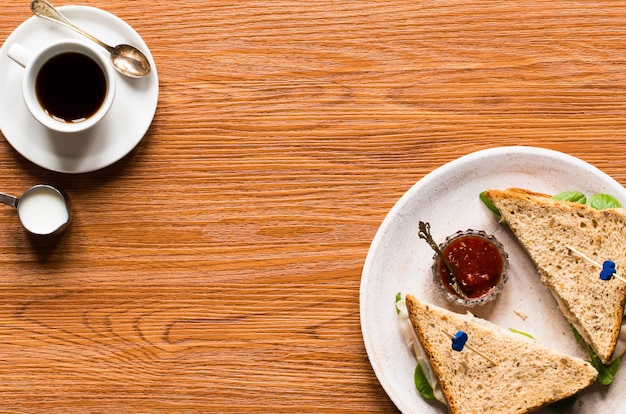 Top view of Healthy Sandwich toast with lettuce,  on a wooden background