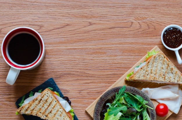 Top view of Healthy Sandwich, on a wooden surface