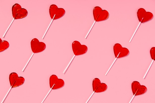 Top view over heart shaped lollipops