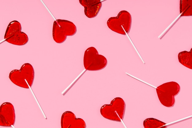 Top view over  heart shaped lollipops