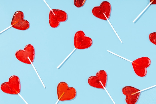 Top view over  heart shaped lollipops