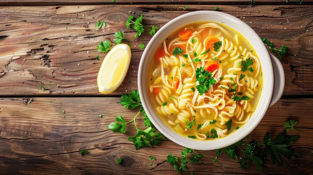 Top view of a hearty bowl of chicken noodle soup garnished with fresh parsley and a lemon wedge on the side served on a rustic wooden table