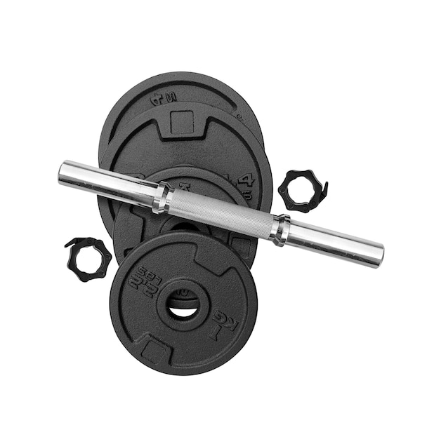 Top view of heavy weight plate with split steel bar on white