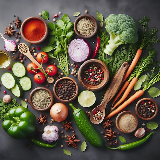 A Top view of Herbs and spices isolated on background ingredients for cooking food healthy vegetables food high fibers and vitamins