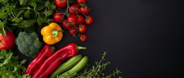 Photo top view herbs vegetables with plain black background with empty copy space minimalist traditional d