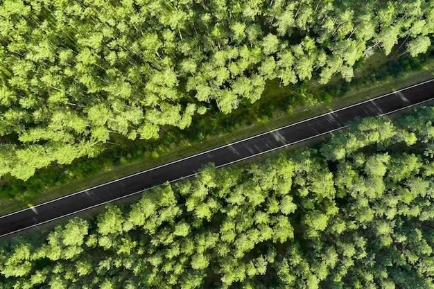 Top view of a highway road in the middle of the forest