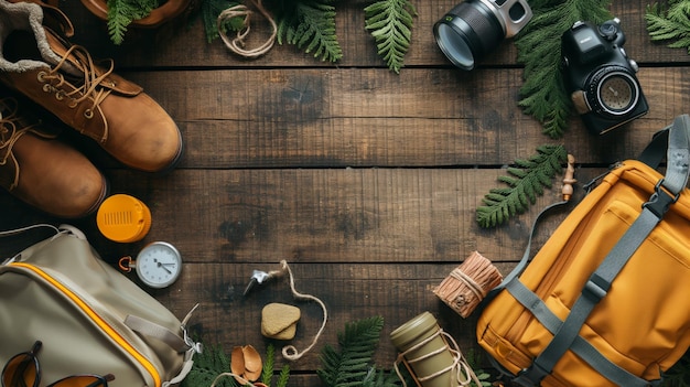 Photo top view of hiking gear on wooden background