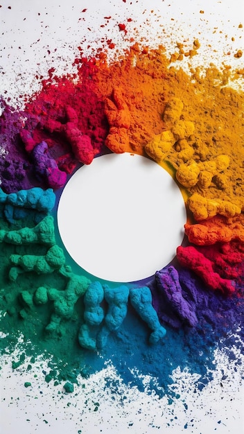 Top view of holi color on a white background with blank circle