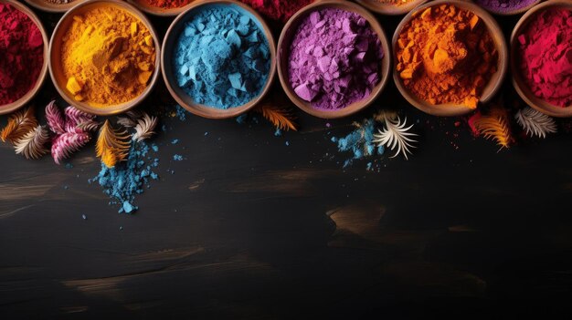 Top view of Holi powder with various colors for Holi festival background