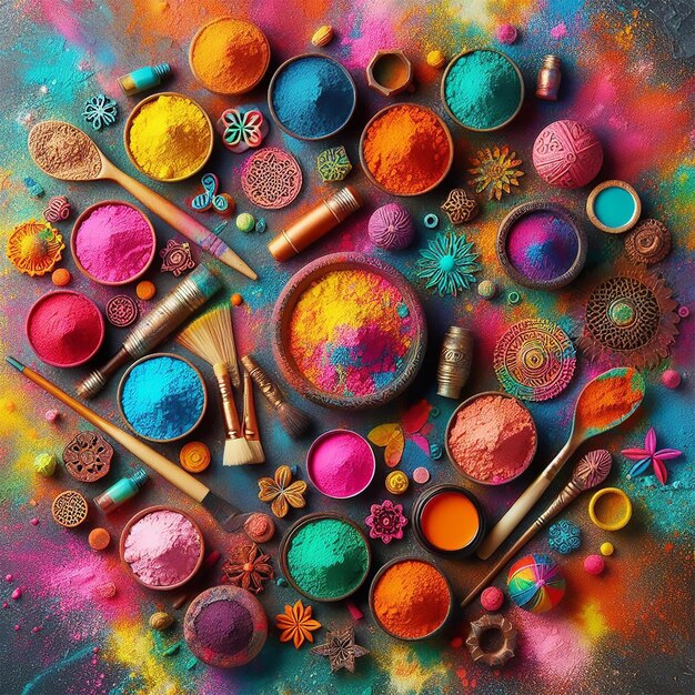 Top view of Holi powder with various colours for Holi festival background