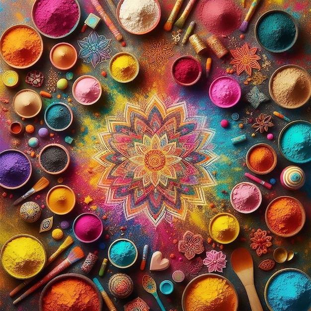 Top view of Holi powder with various colours for Holi festival background