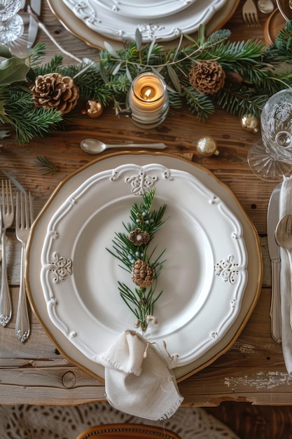 Top view of a holiday table setting with decorative plates cutlery and a centerpiece