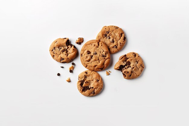 Top view of homemade chocolate chip cookies isolated on white background