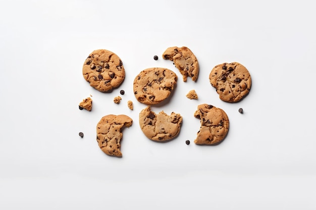 Top view of homemade chocolate chip cookies isolated on white background