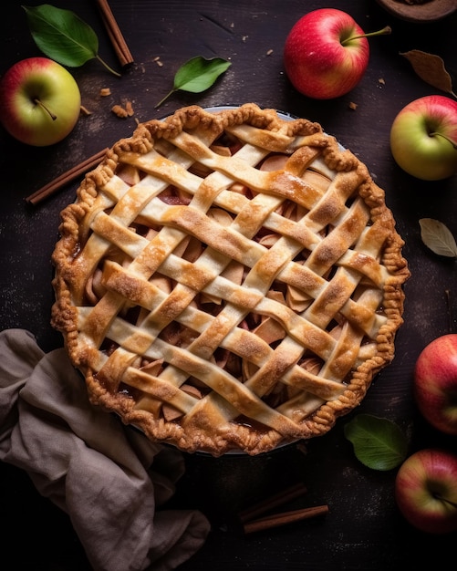 Top view homemade scrumptious apple pie dark rustic background ripe fresh fruits and cinnamon sticks