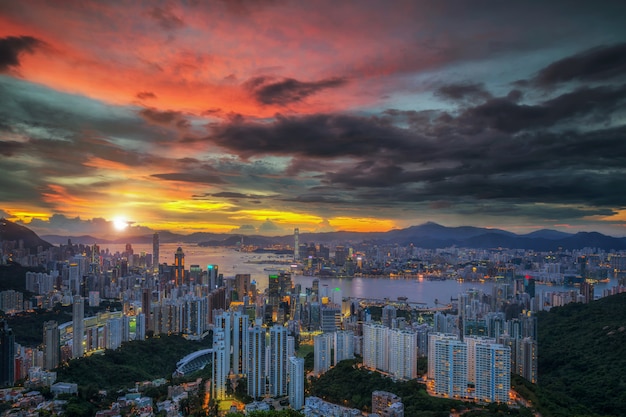 Top view of Hong Kong city with sunset background in China