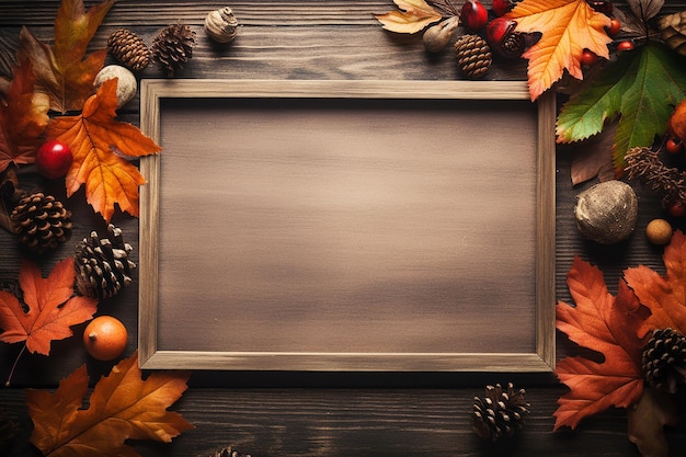 Top View of Horizontal Empty Wooden Photo Frame with Acorns and Maple Leaves in Autumn