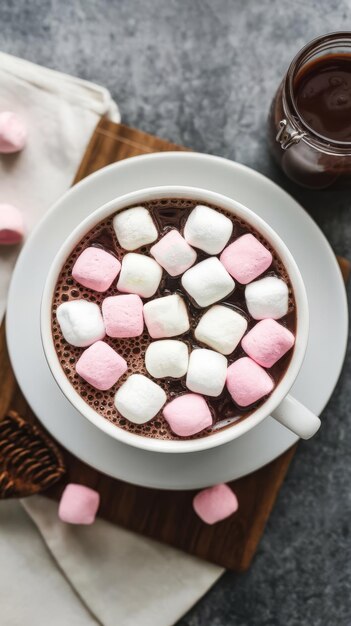 Photo top view hot chocolate with marshmallows