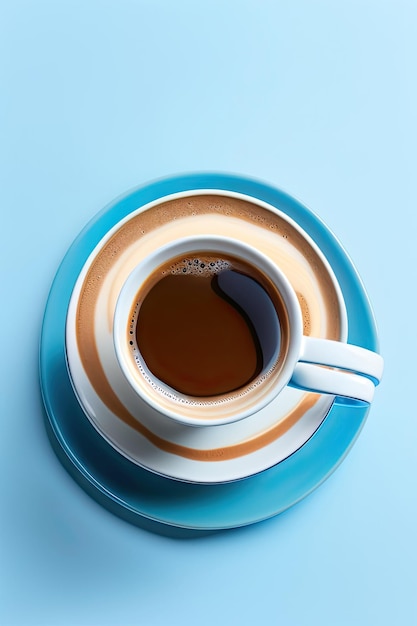 Top view of hot coffee cappuccino latte cup on blue ceramic saucer with stirred spiral milk foam iso