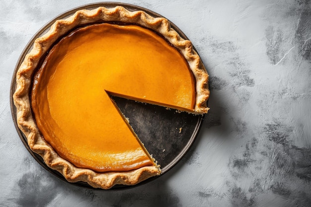 Photo top view of hot jordanian pumpkin pie on a grey background crossshaped slice in the middle