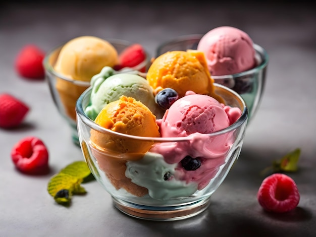 Top View of Ice Cream Scoops in Glass with Fruity Delights