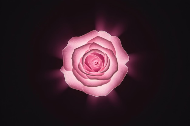 Photo top view illustration of glowing pink rose in the middle of dark background