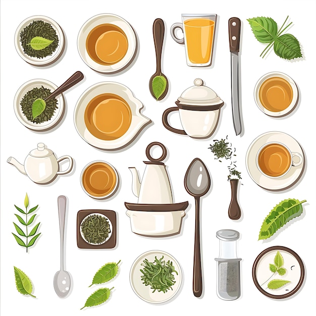 Photo top view illustration of a tea set with tea leaves teacups teapots spoons and leaves