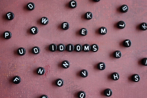 Top view image of alphabet beads with text IDIOMS