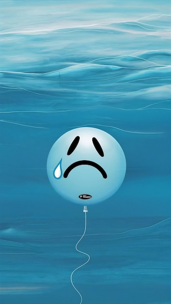 Top view image of balloon with sad face over blue background