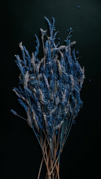 Top view image of blue dry flowers composition over black background