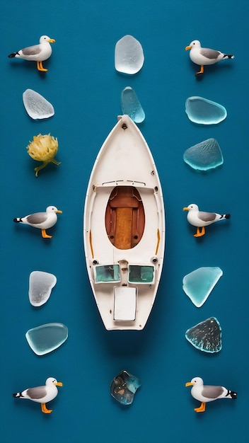 Photo top view image of boat sea glass and seagull birds over blue background