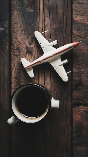 Top view image of coffee mug and vintage airplane over wooden table